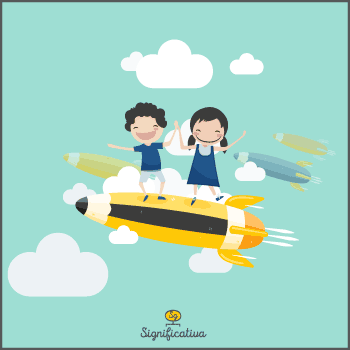 Imagen de de un niño y una niña subidos en cohete (en alusión a la motivación) que sirve como ilustración para el artículo dedicado a las matemáticas recreativas y juego matemático